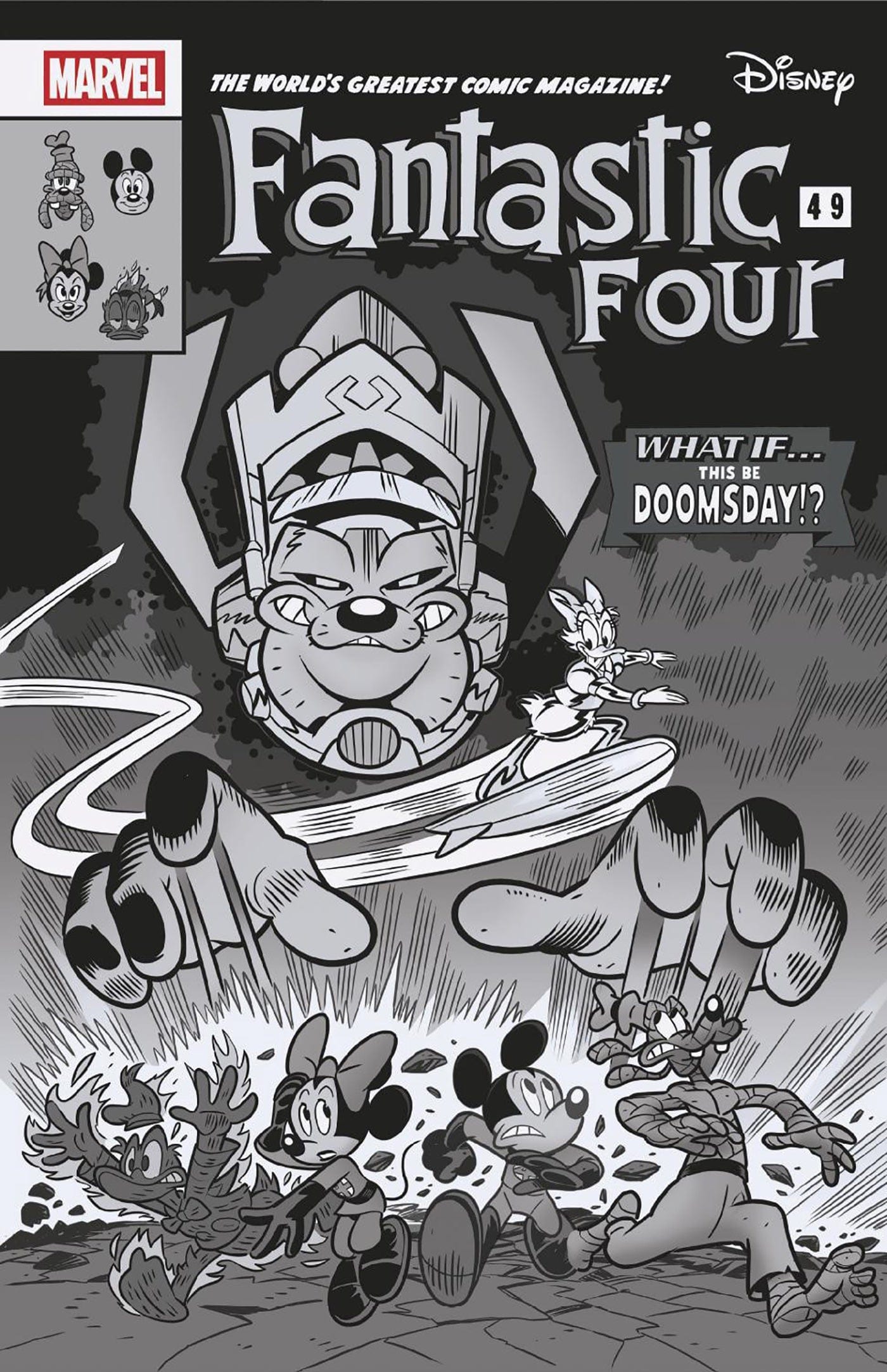FANTASTIC FOUR #1 1:100 INCV LORENZO PASTROVICCHIO BLACK AND WHITE DISNEY WHAT IF? FANTASTIC FOUR HOMAGE VARIANT