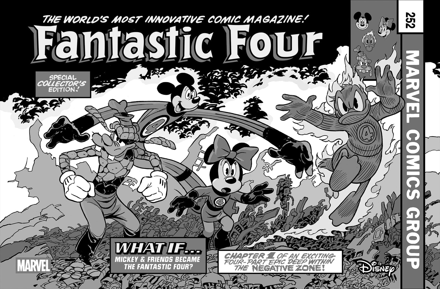 FANTASTIC FOUR #4 1:100 INCV ANDREA FRECCERO BLACK AND WHITE DISNEY WHAT IF? FANTASTIC FOUR HOMAGE VARIANT
