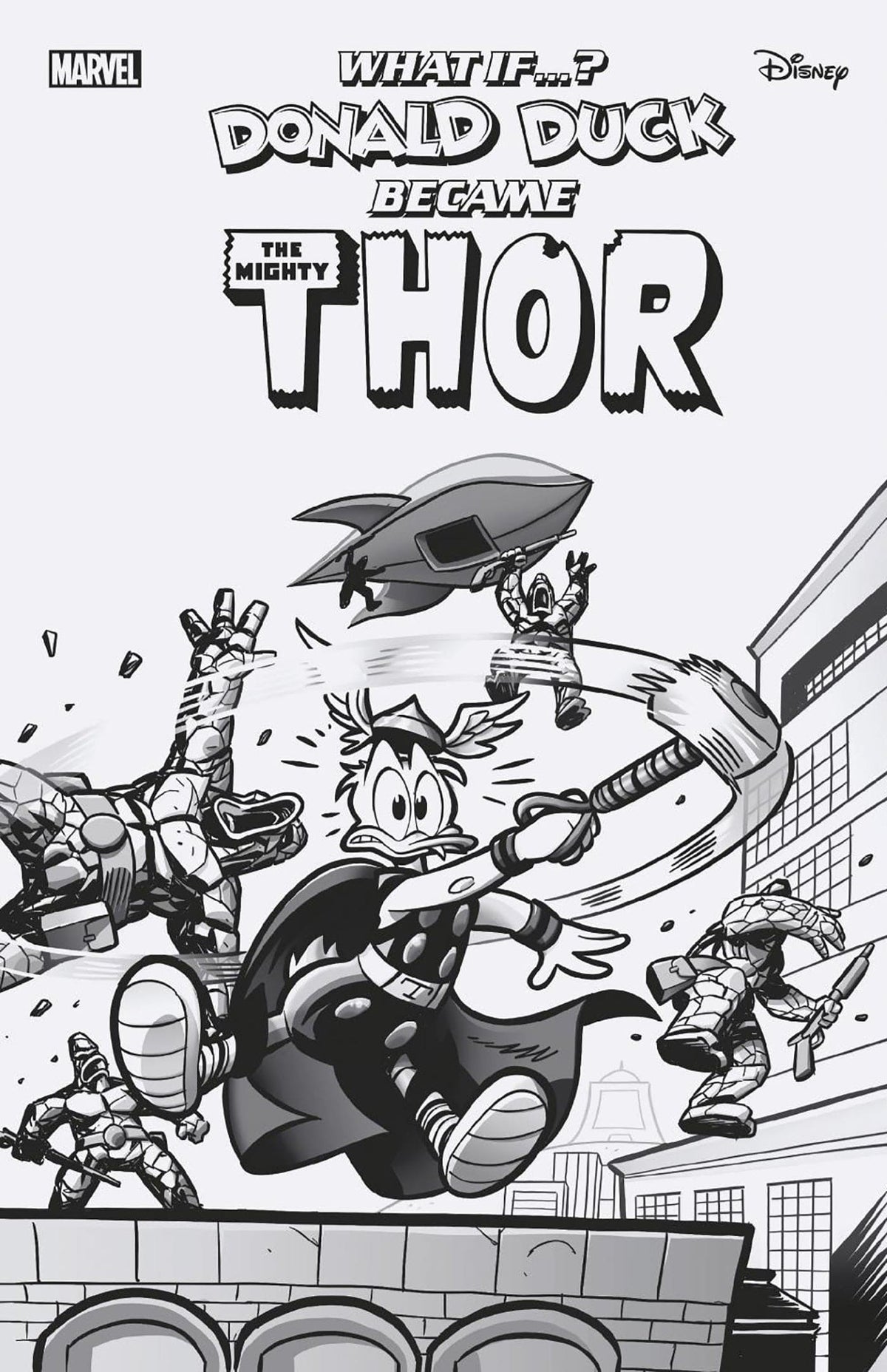 MARVEL & DISNEY: WHAT IF...? DONALD DUCK BECAME THOR #1 1:100 INCV LORENZO PASTROVICCHIO BL ACK AND WHITE VARIANT