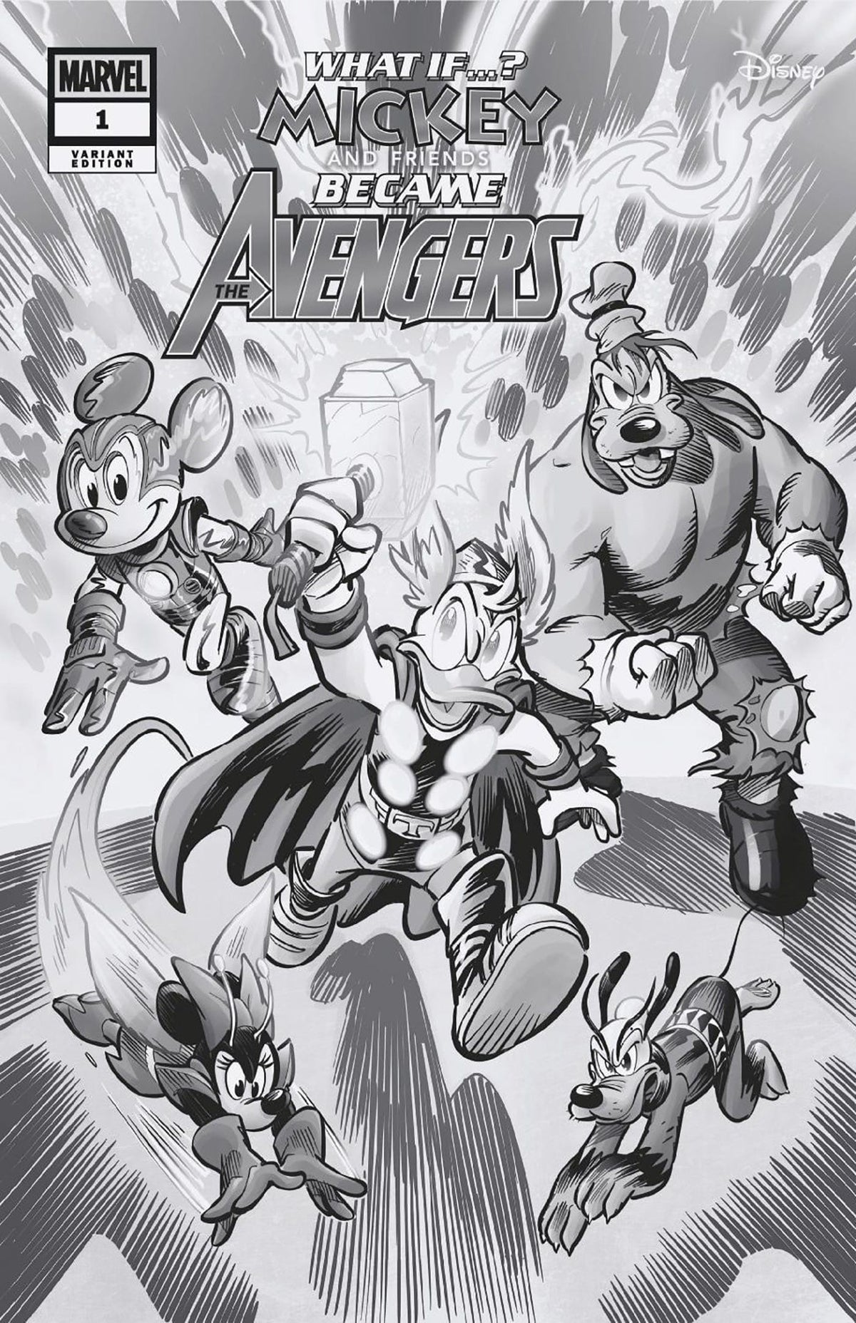 Marvel Comic Books > Incentives MARVEL & DISNEY: WHAT IF...? MICKEY & FRIENDS BECAME THE AVENGERS #1 1:100 INCV ALESSANDRO PASTROVICCHIO BLACK AND WHITE VARIANT 75960621015200117 PRH-75960621015200117