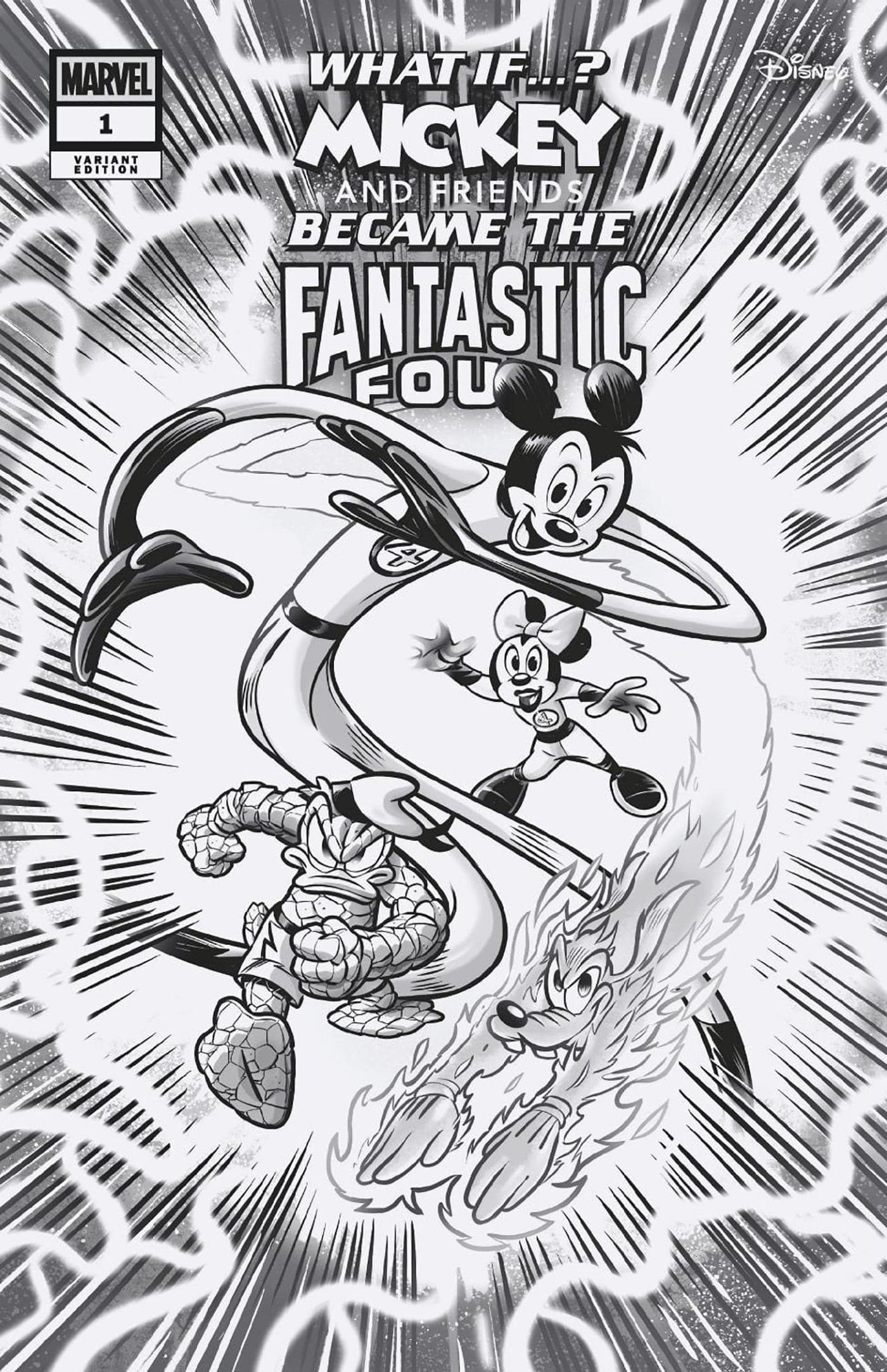 MARVEL & DISNEY: WHAT IF...? MICKEY & FRIENDS BECAME THE FANTASTIC FOUR #1 1:100 INCV LOREN ZO PASTROVICCHIO BLACK AND WHITE VARIANT