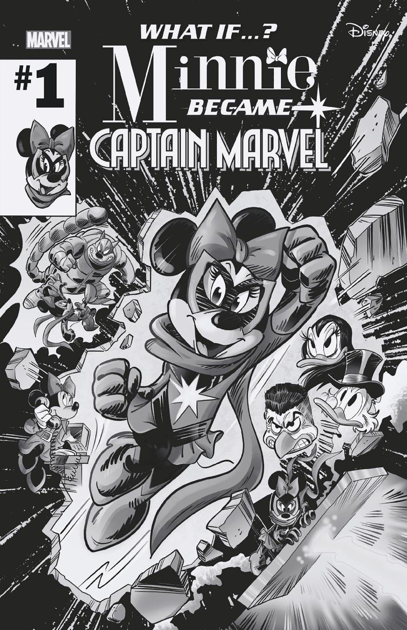 MARVEL & DISNEY: WHAT IF...? MINNIE BECAME CAPTAIN MARVEL #1 1:100 INCV GIADA PERISSONOTTO BLACK AND WHITE VARIANT