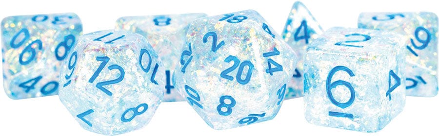 Metallic Dice Games Dice > Metallic Dice Games 16mm Resin Flash Dice Poly Set: Clear/Light Blue Numbers (7) 680599383854 MET 680