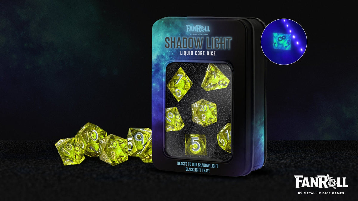 Metallic Dice Games Dice > Metallic Dice Games FanRoll: Liquid Core Dice Set - Shadow Light, UV Reactive Elixir 7pc 687700234050 MET 968