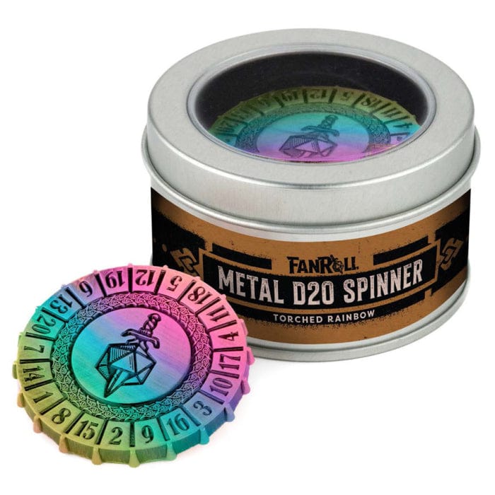 FanRoll: Metal D20 Spinner - Torched Rainbow