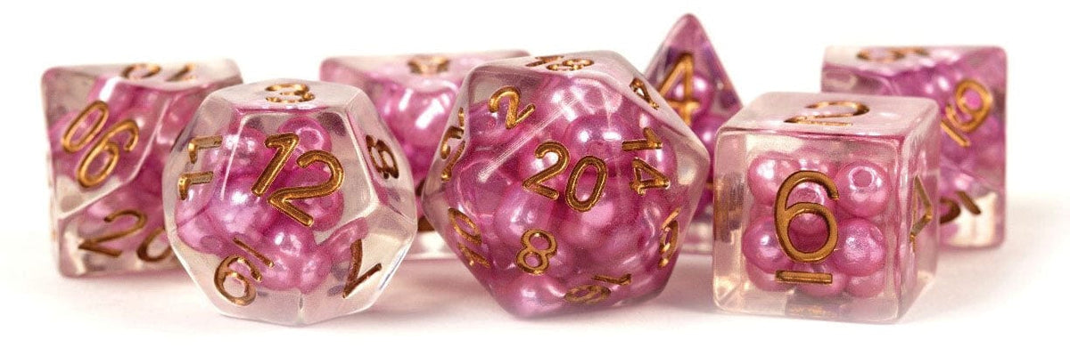 FanRoll: Pearl Resin Poly Dice 7ct - Pink/Copper Numbers