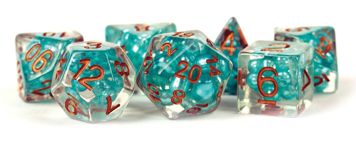 Metallic Dice Games Dice > Metallic Dice Games FanRoll: Pearl Resin Poly Dice 7ct - Teal/Copper Numbers 680599384011 MET 690