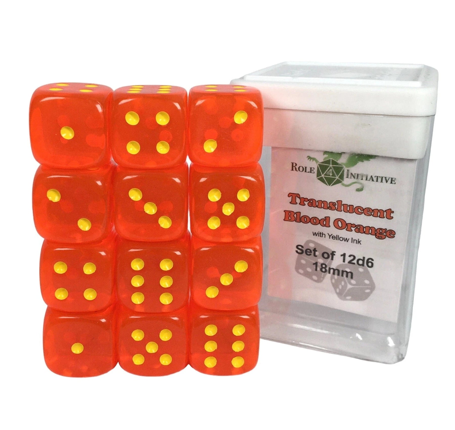 Role 4 Initiative Dice > Role 4 Initiative Role 4 Initiative: 12ct 18mm Dice - Translucent Blood Orange w/ Yellow Ink (d6 w/ Pips) 642896838543 50123-12P