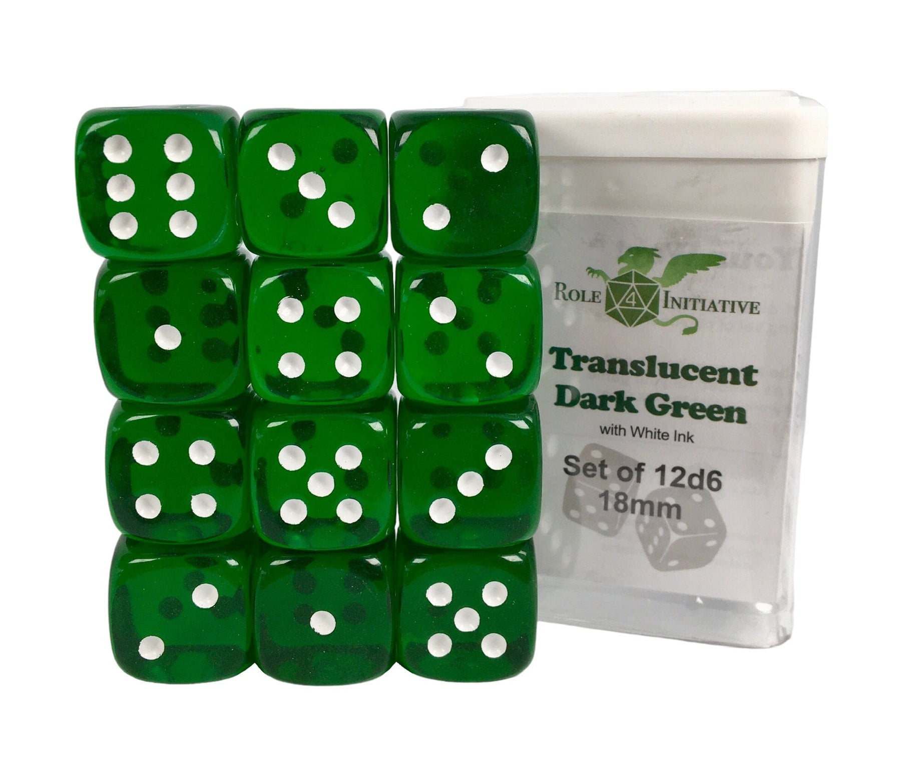 Role 4 Initiative Dice > Role 4 Initiative Role 4 Initiative: Dice Set - Translucent Dark Green w/ White (12d6) 642896838413 R4I 50110-12P