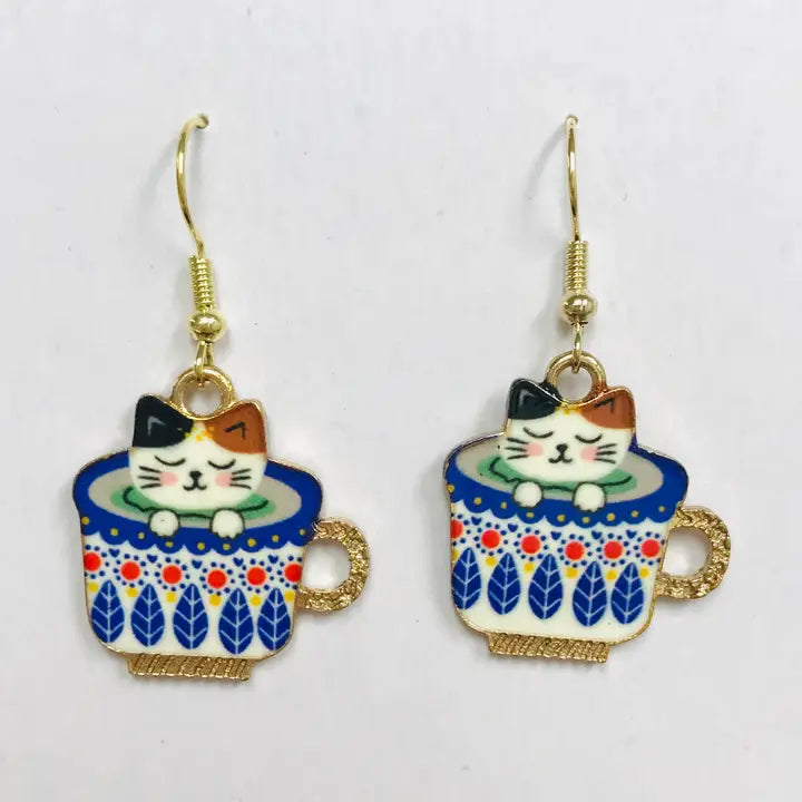 SimpleNGreat Apparel Cat in Blue Flora Coffee Cup Earrings 85344764