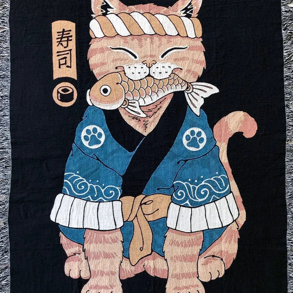 Strike Gently Co Home > Other Home Cat Samurai Blanket (Fish Variant) Woven Throw Blanket 60" X 80"
