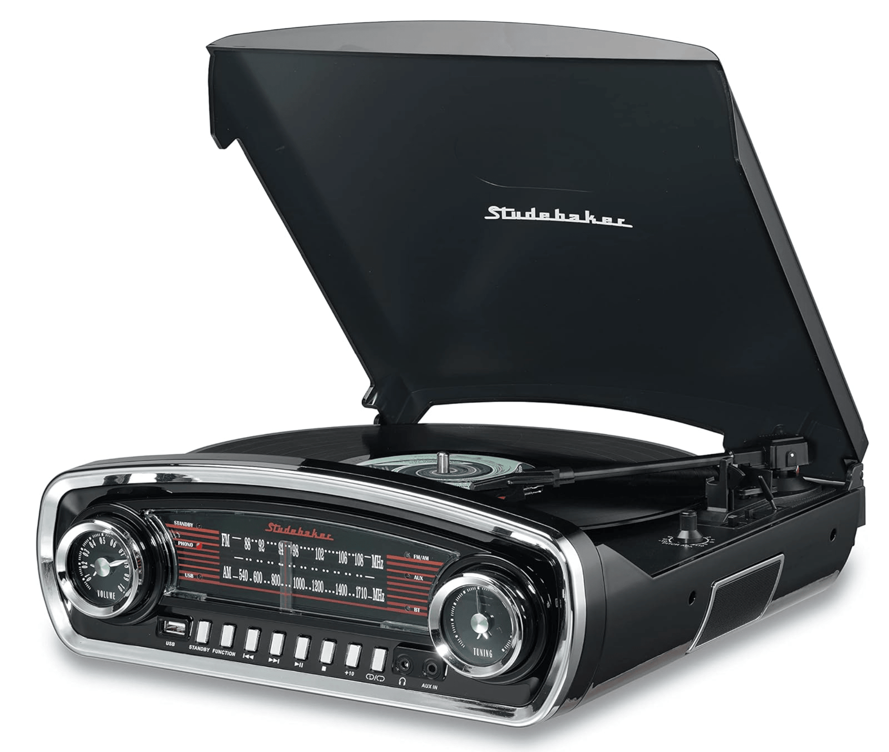 Third Eye Comics Studebaker SB6057B Retro Turntable 3 Speed AM/FM Radio Bluetooth Receiver (Black) 077283015755