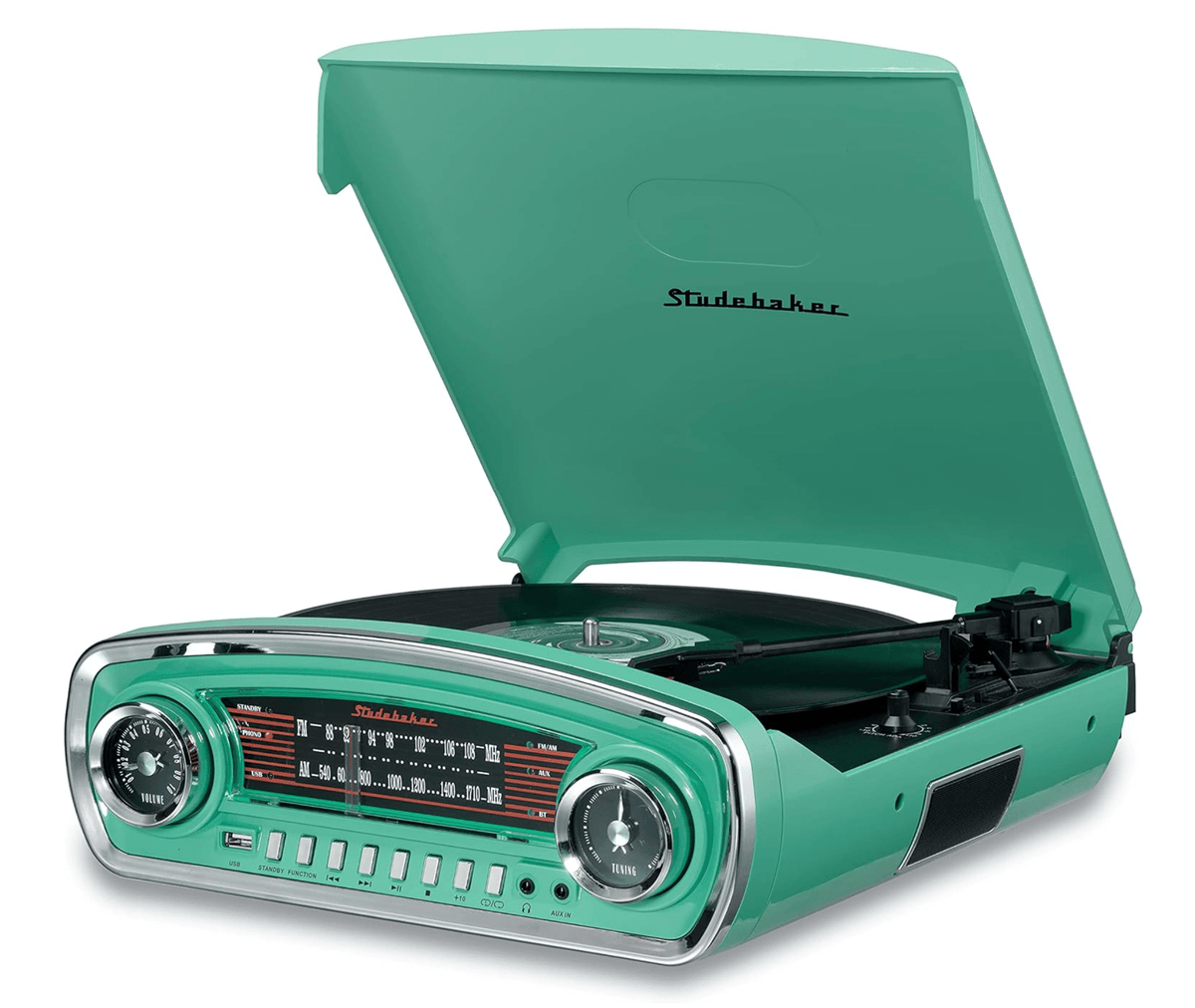 Third Eye Comics Studebaker SB6057TE Retro Turntable 3 Speed AM/FM Radio Bluetooth Receiver (Teal) 077283015762
