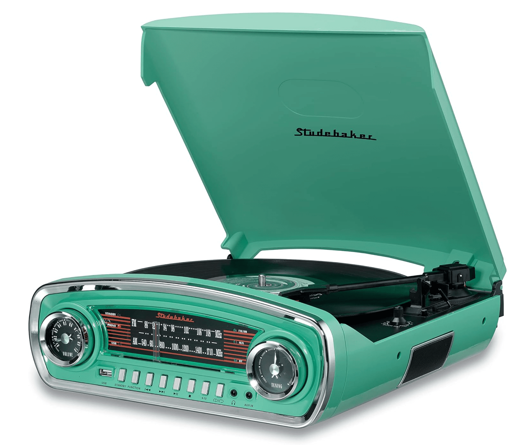 Third Eye Comics Studebaker SB6057TE Retro Turntable 3 Speed AM/FM Radio Bluetooth Receiver (Teal) 077283015762
