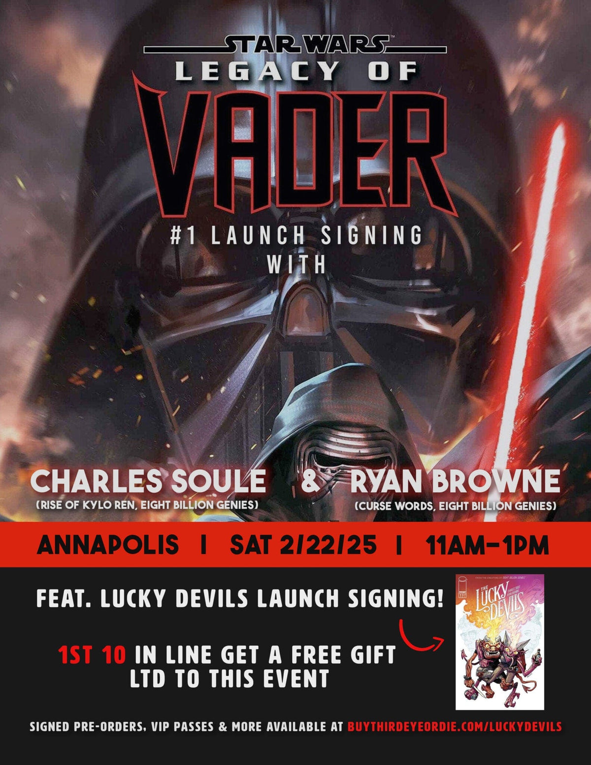 Third Eye Comics VIP Package > Signed VIP PACKAGE - LEGACY OF VADER / LUCKY DEVILS #1 Launch Signing with CHARLES SOULE & RYAN BROWNE *ANNAPOLIS 2/22/25* TE-VIP-LUCKY-DEVILS TE-VIP-LUCKY-DEVILS