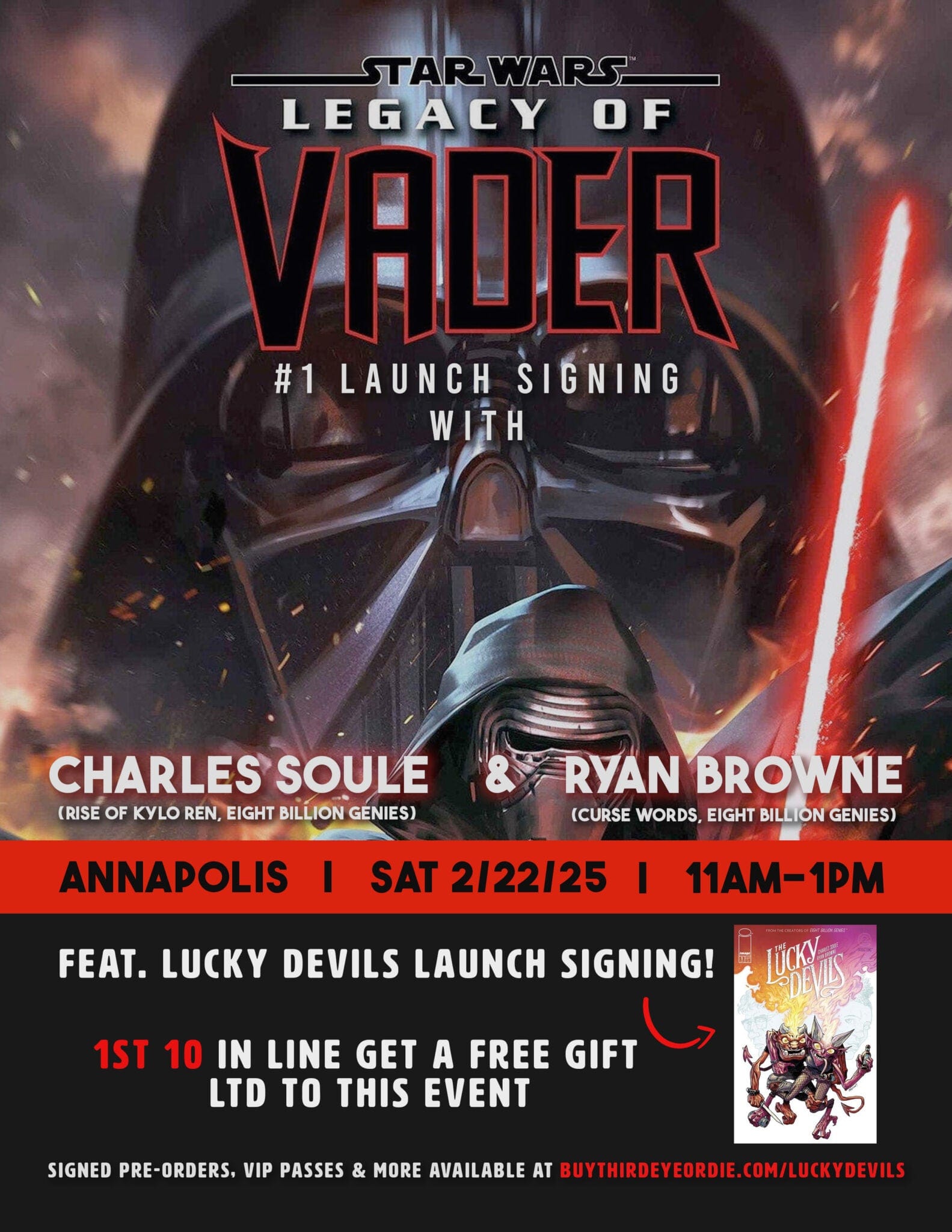 VIP PACKAGE - LEGACY OF VADER / LUCKY DEVILS #1 Launch Signing with CHARLES SOULE & RYAN BROWNE *ANNAPOLIS 2/22/25*