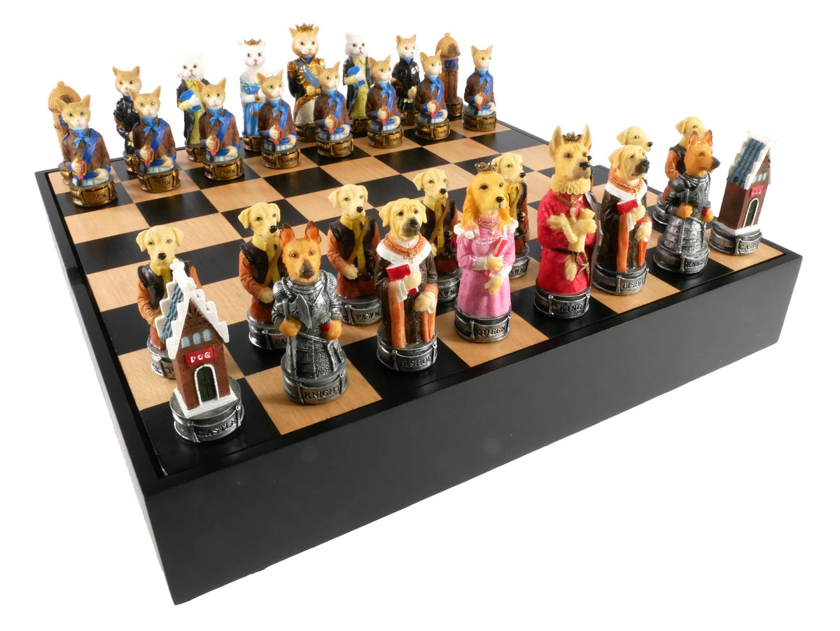 WorldWise Imports Board Games Chess Set - Cats & Dogs Resin Chessmen in Black/Maple Chest 035756706388 R70639-BCT