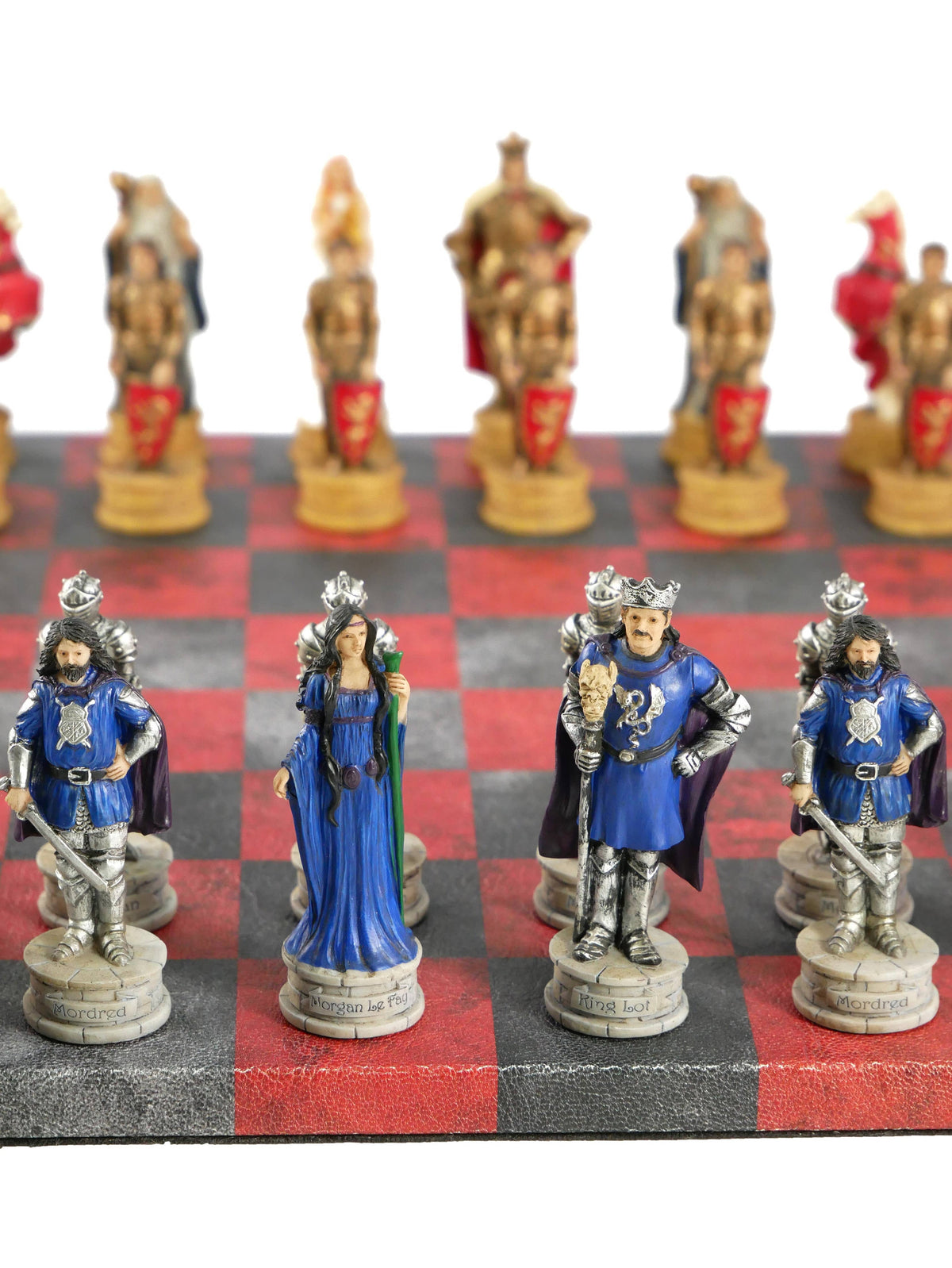 WorldWise Imports Board Games Chess Set - King Arthur Resin Chessmen on Red & Dusky Black Faux Leatherette Chess Board 035756383992 R75138-664