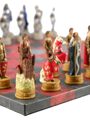 WorldWise Imports Board Games Chess Set - King Arthur Resin Chessmen on Red & Dusky Black Faux Leatherette Chess Board 035756383992 R75138-664
