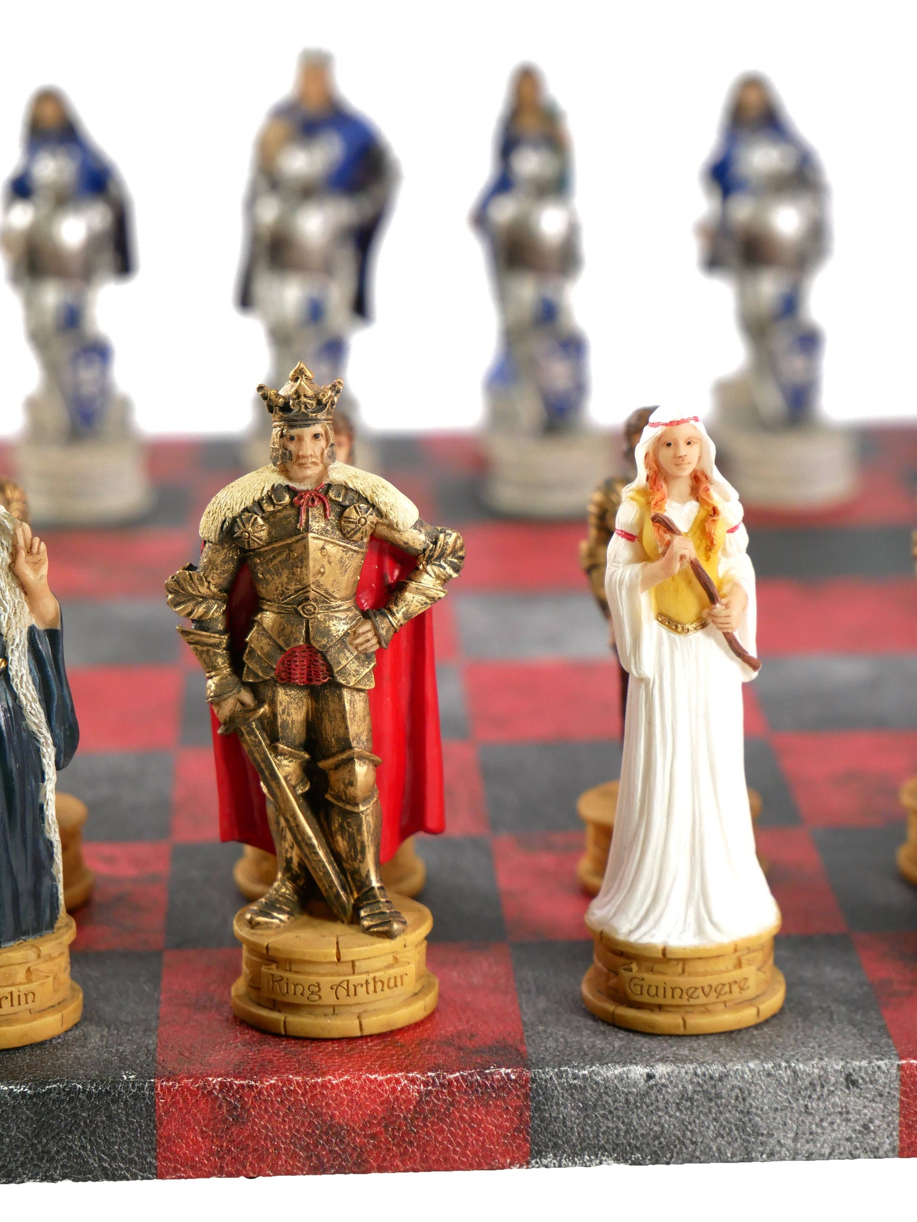 WorldWise Imports Board Games Chess Set - King Arthur Resin Chessmen on Red & Dusky Black Faux Leatherette Chess Board 035756383992 R75138-664