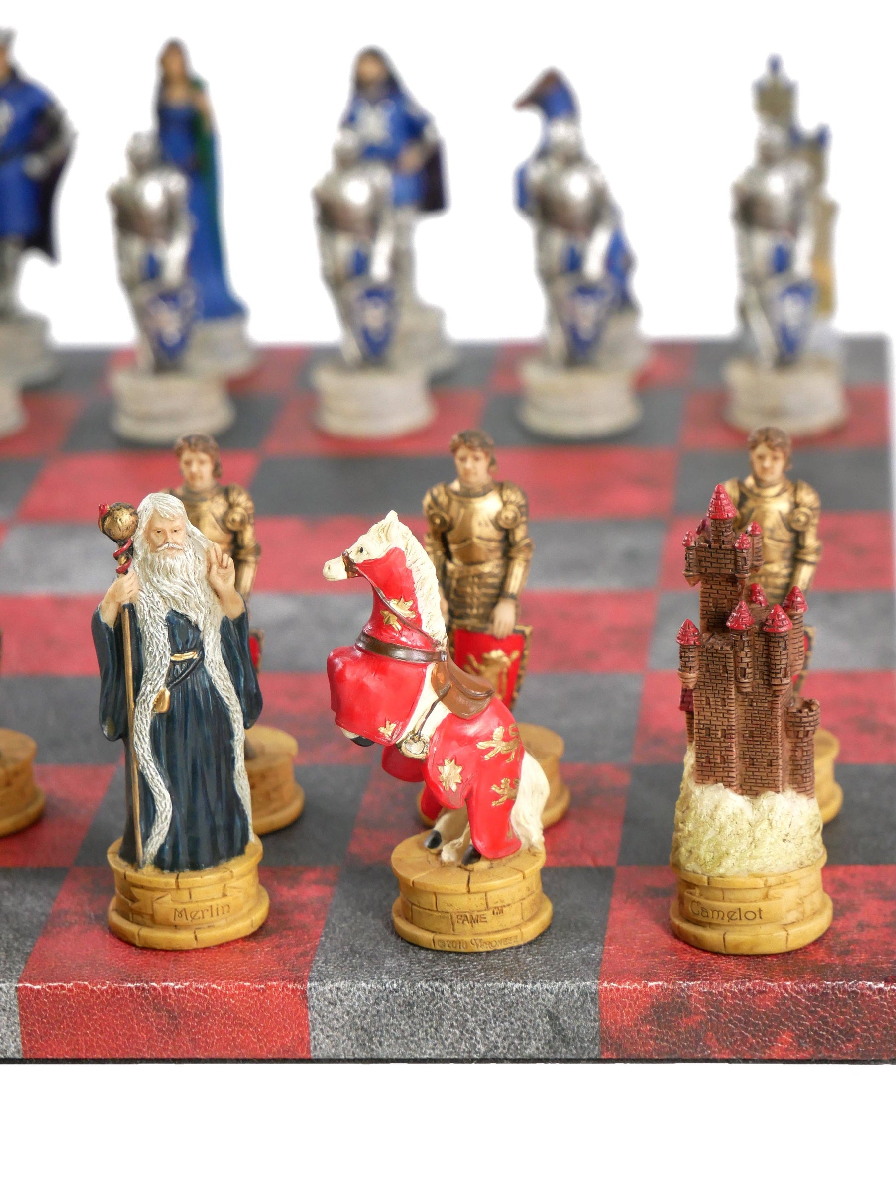WorldWise Imports Board Games Chess Set - King Arthur Resin Chessmen on Red & Dusky Black Faux Leatherette Chess Board 035756383992 R75138-664