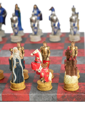 WorldWise Imports Board Games Chess Set - King Arthur Resin Chessmen on Red & Dusky Black Faux Leatherette Chess Board 035756383992 R75138-664