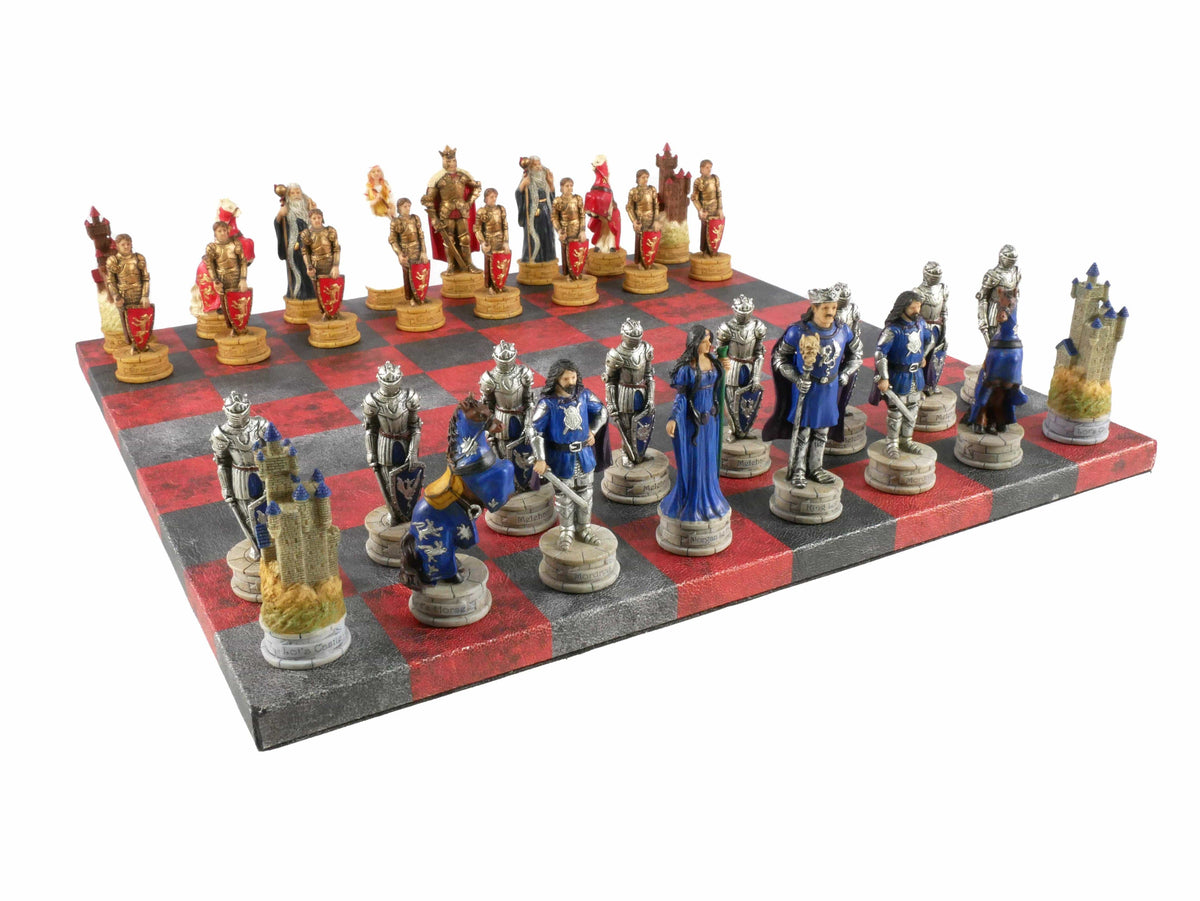 WorldWise Imports Board Games Chess Set - King Arthur Resin Chessmen on Red & Dusky Black Faux Leatherette Chess Board 035756383992 R75138-664