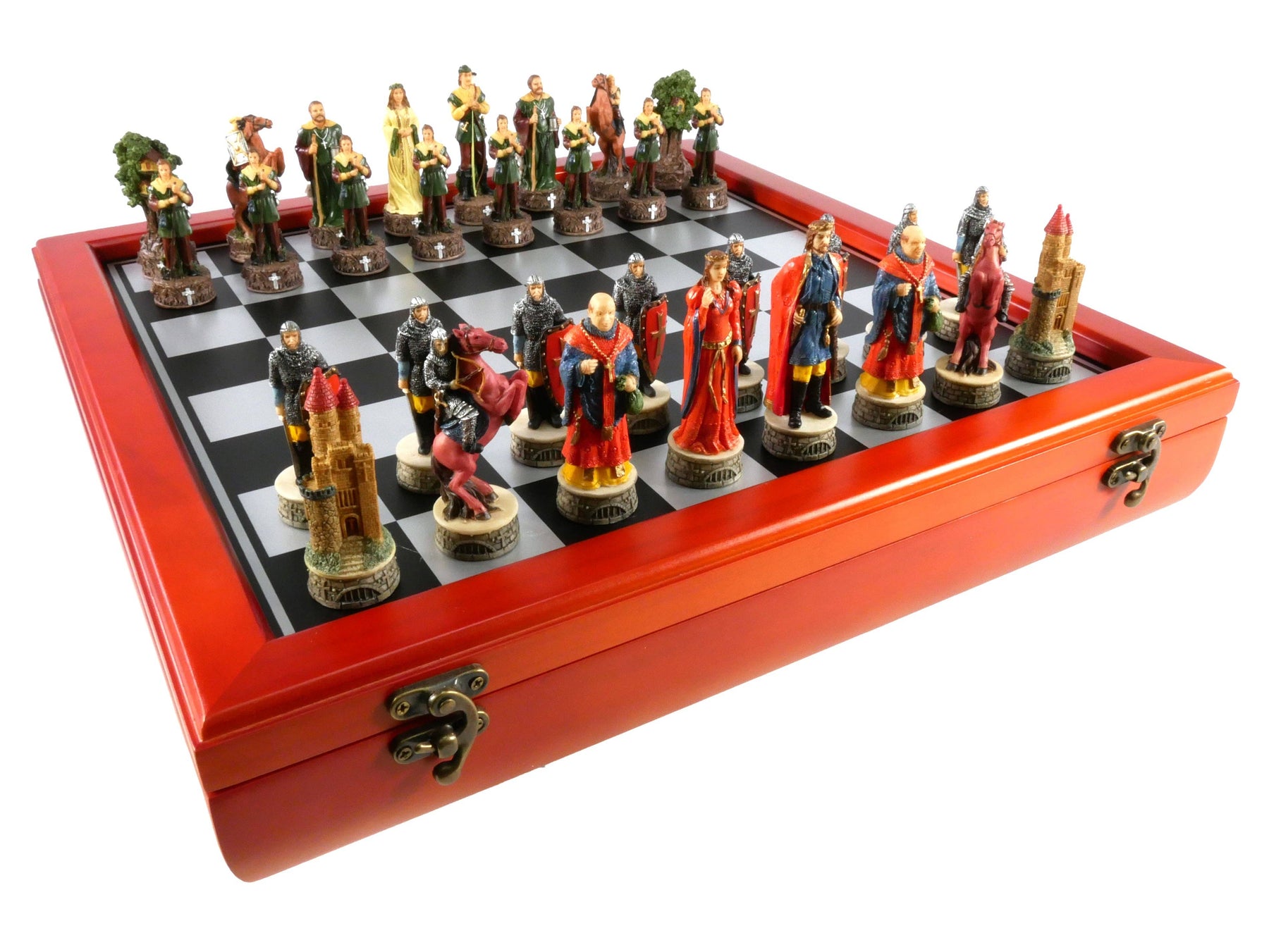 WorldWise Imports Board Games Chess Set -Robin Hood Resin Chessmen on Cherry Stained Chest 035756551025 R71151-CCT