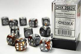 Chessex: Plastic 12d6 Set - Gemini Copper-Steel/White