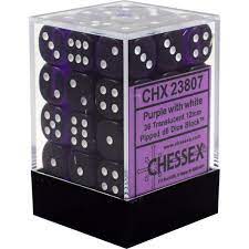 Chessex Dice > Chessex Chessex: Plastic 36d6 Set - Translucent Purple/White 601982020590 CHX 23807