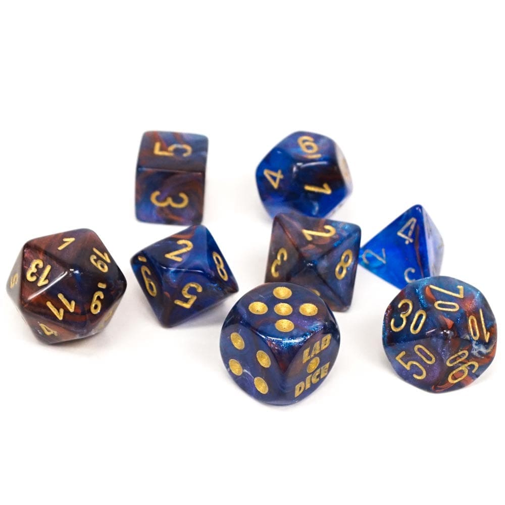 Chessex Dice > Chessex Chessex: Plastic 8-Die Set - Lab Dice, Lustrous Azurite/Gold 601982038502 CHX 30055